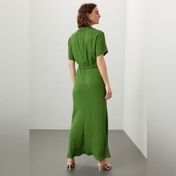 REFORMATION Green Satin Blend Short Sleeve V-Neck Danika A-Line Dress Size M - Picture 2 of 14